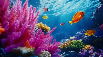 Naklejka premium Vibrant Coral Reef: Underwater Scene with Colorful Fish