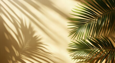 Obraz premium Palm leaves casting intricate shadows on warm yellow wall in tranquil indoor setting
