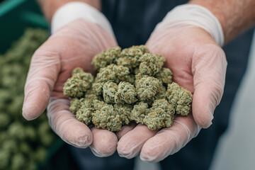 Cannabis Buds:  A close-up view of fresh cannabis buds, meticulously held in gloved hands. Each bud displays intricate details and rich green hues.