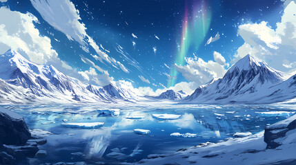 Illuminating arctic serenity: aurora borealis over glacial lagoon with icebergs and snowy mountains in iceland. stellar lagoon. illustration. Aurora Lagoon. Illustration