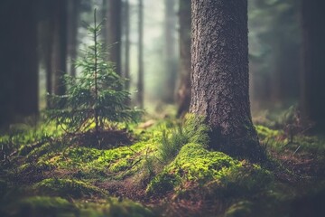 Naklejka premium A serene forest with a carpet of vibrant green moss on the ground