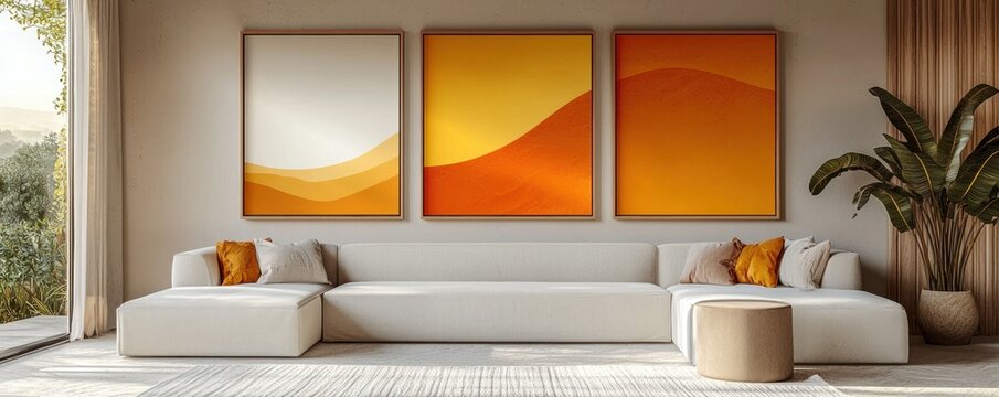 Three vertical picture frames staged in a modern living room with a white sofa and beige accents. Wall art mockup