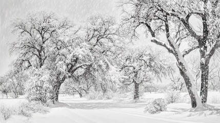 Snowy landscape Trees in winter storm, path, snowfall. Winter background ideal for cards