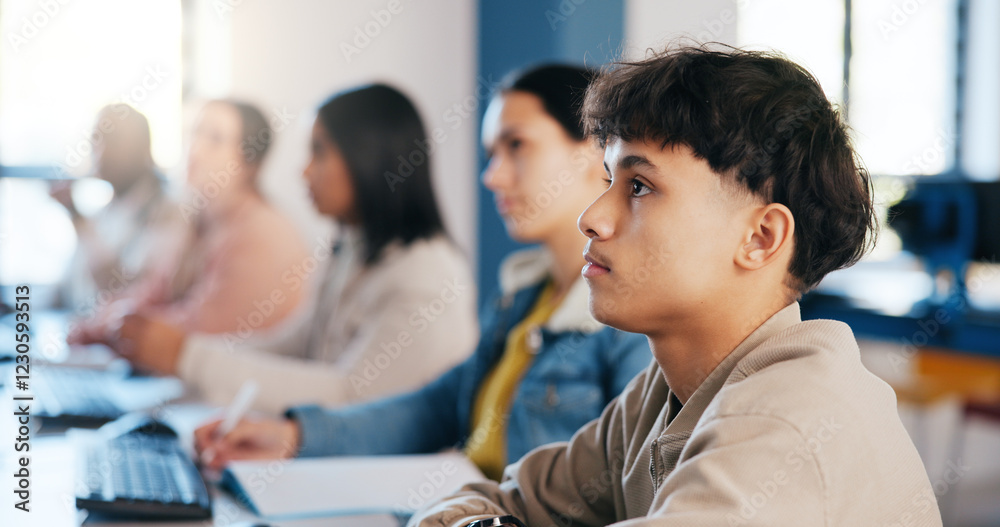 Poster people, students and listening with row for lesson, lecture or presentation in classroom at universi