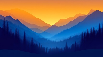 Fototapeta premium Serene sunset over layered mountains with silhouettes of pine trees in the foreground