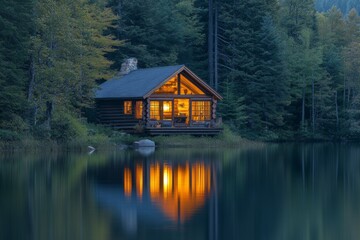 Obraz premium Scenic view of a lake with a cabin surrounded by pine trees