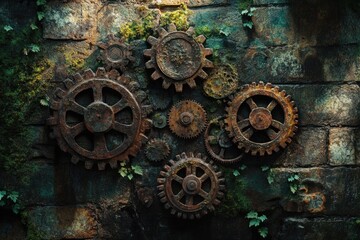 Fototapeta premium Rustic, overgrown brick wall adorned with interconnected rusty gears, evoking a sense of forgotten industry and nature's reclamation.