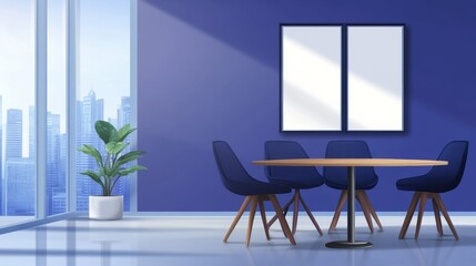 Modern conference room with blue walls, a round wooden table, and city skyline view through windows