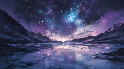 Northern lights cast emerald and purple hues over an ice lagoon, with reflections and a starry sky creating an ethereal scene. ethereal lagoon. illustration. Aurora Lagoon. Illustration