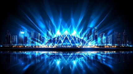 Fototapeta premium City skyline glows blue light with reflective surface