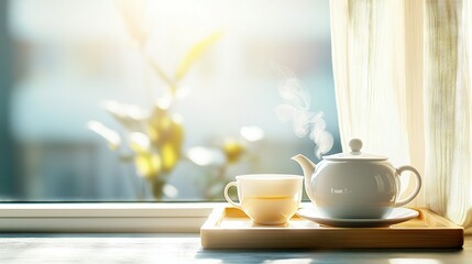 Fototapeta premium A teacup on a tray in front of a window with an outdoor view