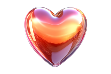 Glossy glass heart with a vibrant gradient of orange, pink and gold hues isolated on white transparent background, symbolizing love and emotion