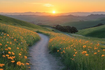 Scenic view of a path through a field of yellow flowers at sunset