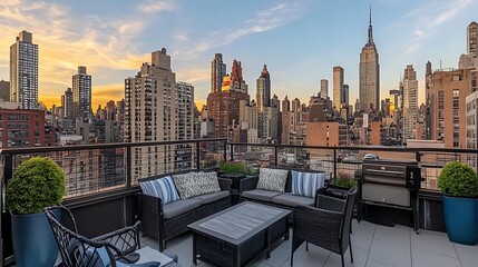 City skyline view from a rooftop patio at sunset