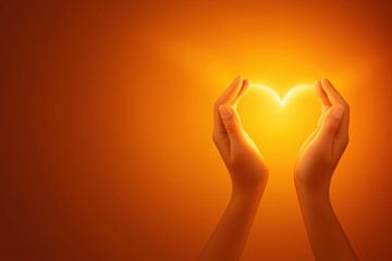 Fototapeta premium Hands forming a glowing heart shape against a vibrant orange background