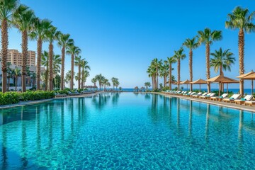 Fototapeta premium Luxurious outdoor swimming pool surrounded by tall palm trees