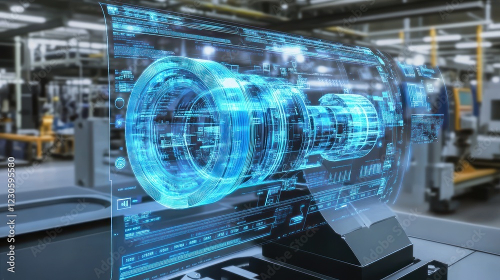 Poster Holographic Display Shows Engine Design In Factory Setting