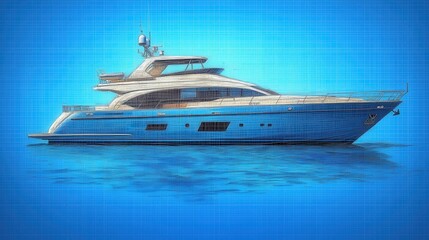 Naklejka premium Detailed illustration of a luxury yacht on blue water with a clear sky, showcasing design elements
