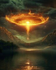 Fototapeta premium A UFO with a brightly glowing central part descend_011