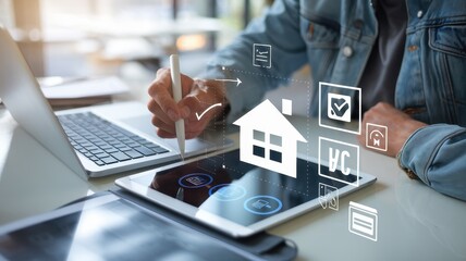 Naklejka premium Smart Home Technology: Digital House Management on Tablet