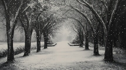 Snowy path, trees arching overhead, winter wonderland