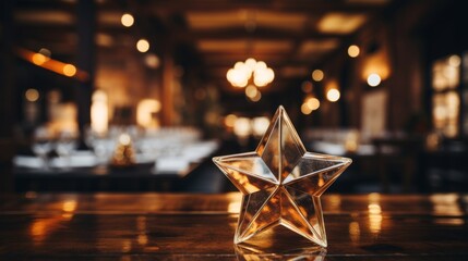 Naklejka premium Star shaped award on a table with spotlights and empty space.