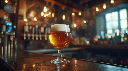 Craft beer served in a glass at a rustic bar with warm lighting in the evening