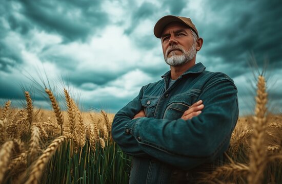 Farmer stands confidently in wheat field under dramatic cloudy sky at sunset