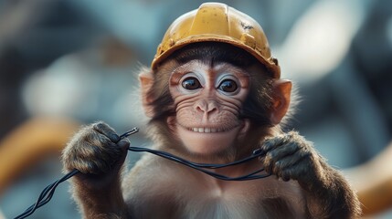 Monkey Dressed as an Electrician, Fixing Wires with a Smile