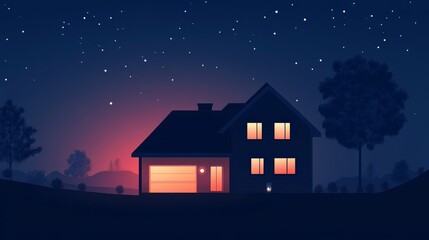 A cozy house glows warmly under a starry night sky, creating a serene and tranquil atmosphere. The scene blends nature and architecture beautifully.