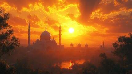 Fototapeta premium Majestic Mosque Sunset Golden Sky Silhouette