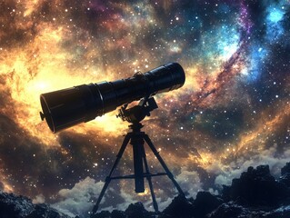 A giant space telescope capturing vivid galaxies and nebulae in the distance, photorealistic, ultra-detailed, cinematic style