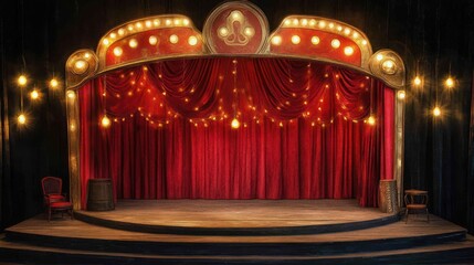 Elegant Vintage Stage Setting With Red Curtains and Lights