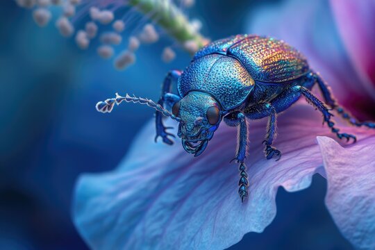A vibrant blue beetle with iridescent shell rests on a soft purple flower petal.