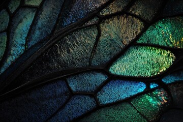 Close-up of iridescent butterfly wing scales, showcasing intricate texture and vibrant teal, green, and blue hues.