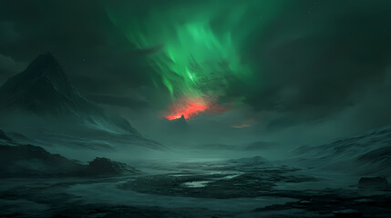 Naklejka premium A beautiful green and red aurora dancing over the hills. Aurora Lagoon. Illustration