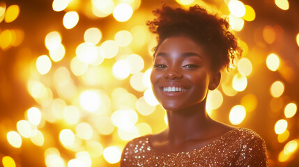 Fototapeta premium A woman in an elegant dress beams with a smile during a live streaming event, demonstrating the importance of real-time interaction and creating a strong connection with her online