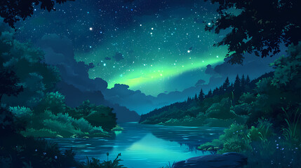 A beautiful night sky with a green aurora and a river in the foreground. Aurora Lagoon. Illustration
