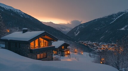 Fototapeta premium Mountain Chalets Illuminated During Sunset Snowfall
