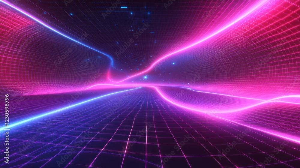 Poster abstract digital landscape neon grid lines