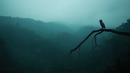 Naklejka premium A bird sat atop a tree limb amidst a dense forest of tall green trees