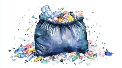 This watercolor artwork depicts a black trash bag overflowing with various waste materials, highlighting the issue of pollution and waste management.