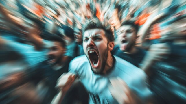 Blurred football fans screaming and supporting their team - Young crazy supporters having fun in sport competition - Defocused image