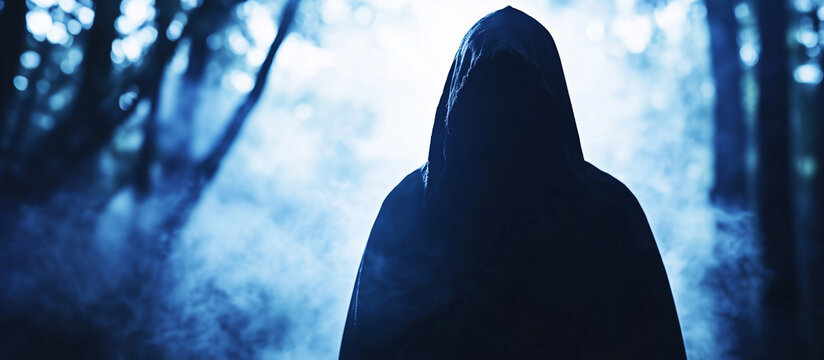 Reaper in Shadows: Mysterious Figure in Tattered Hooded Cloak dark figure, reaper silhouette, hooded cloak, shadowy figure, mysterious entity, void of darkness, ominous presence, e