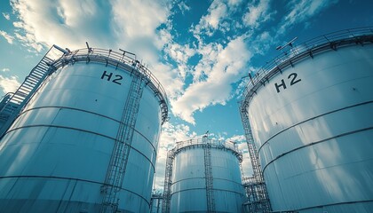 White hydrogen storage tanks labeled with H2 against a blue sky, representing clean energy and sustainable solutions