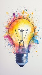 A light bulb is drawn in a splash of paint, with the light shining brightly. Concept of creativity and inspiration, as the light bulb is often associated with ideas and innovation