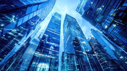 Low-angle view of skyscrapers at dusk.