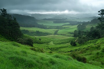 Obraz premium Lush green tea plantation on rolling hills under a dramatic sky.