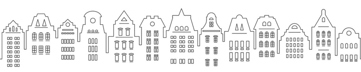 Naklejka premium Urban abstract background. Set of Amsterdam style houses. Seamless border. Stylized facades of buildings in old European view.