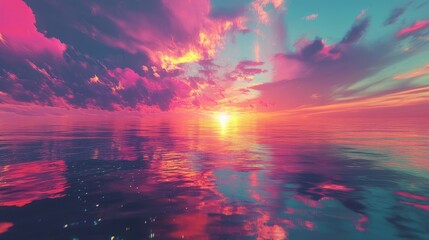 Obraz premium A breathtaking sunset over a tranquil ocean, featuring vibrant colors and dramatic clouds reflected on the water's surface.